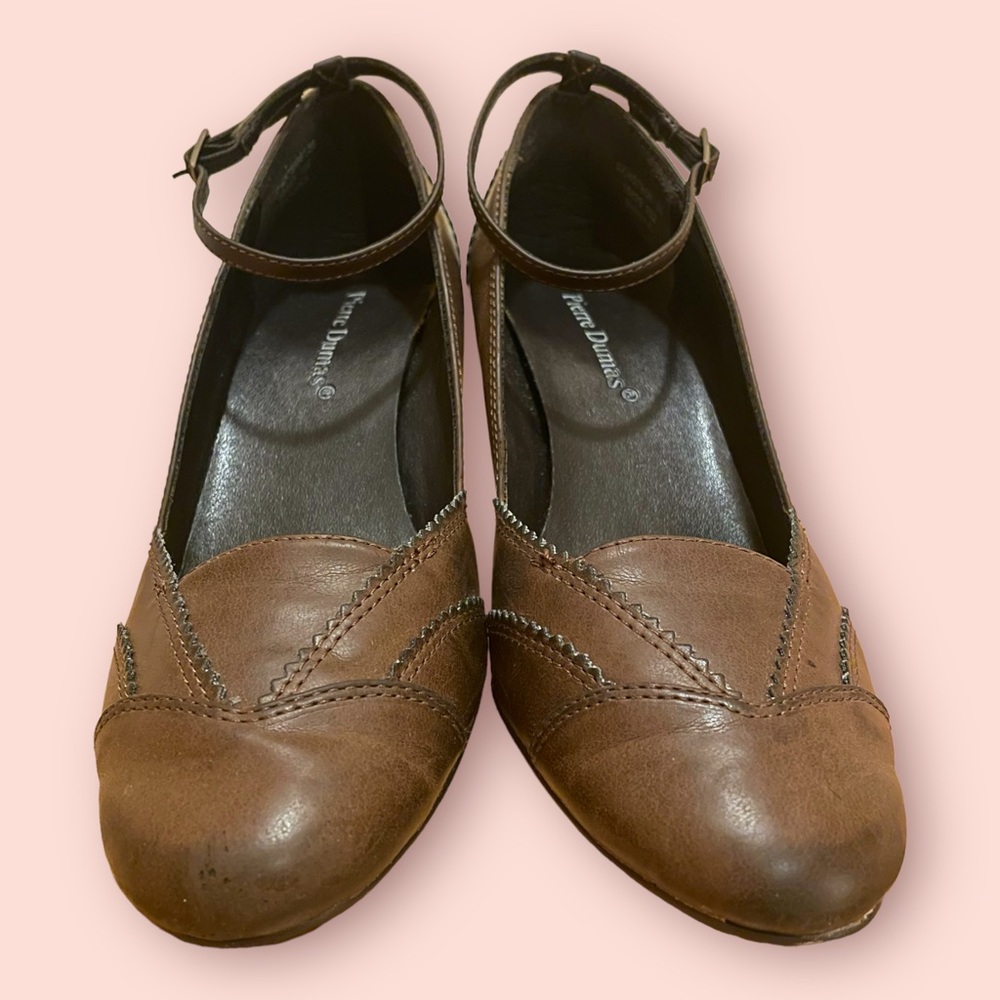 Pierre Dumas Brown Ankle Strap Stacked Heel Pump